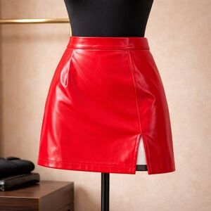 GUANYY Red Faux Leather High Waisted Mini Skirt with Slit Size M – Smooth Finish